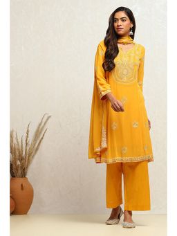 Biba - Women Viscose Embroidered Yellow Kurta with Palazzo and Dupatta (Set of 3)