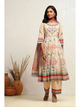 Biba - Women Cotton Printed Yellow Anarkali Kurta with Palazzo and Dupatta (Set of 3)