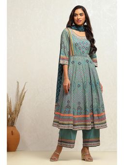 Biba - Women Cotton Printed Green Anarkali Kurta with Palazzo and Dupatta (Set of 3)