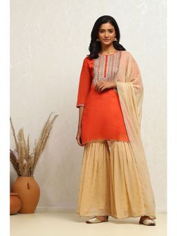 Biba - Women Polyester Embroidered Orange Kurta with Sharara and Dupatta (Set of 3)