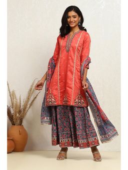 Biba - Women Polyester Embroidered Peach Kurta with Sharara and Dupatta (Set of 3)