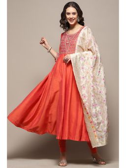 Biba - Women Polyester Embroidered Orange Anarkali Kurta with Churidar and Dupatta (Set of 3)