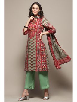 Biba - Women Cotton Printed Green Kurta with Palazzo and Dupatta (Set of 3)
