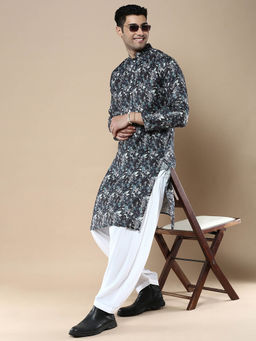 Sanwara - Mens Printed Traditional Cotton Kurta & Pyjama Grey (Set of 2)