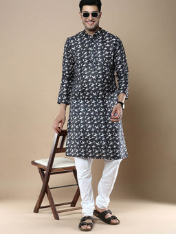 Sanwara - Mens Printed Traditional Cotton Kurta & Pyjama Navy Blue (Set of 2)