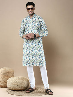 Sanwara - Mens Printed Traditional Cotton Kurta & Pyjama Off White (Set of 2)