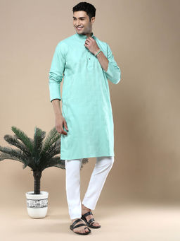 Sanwara - Mens Ethnic Woven Cotton Silk Kurta & Pyjama Green (Set of 2)