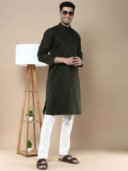 Sanwara - Mens Ethnic Woven Cotton Silk Kurta & Pyjama Green (Set of 2)