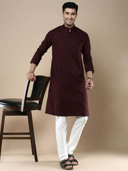 Sanwara - Mens Ethnic Woven Cotton Silk Kurta & Pyjama Maroon (Set of 2)