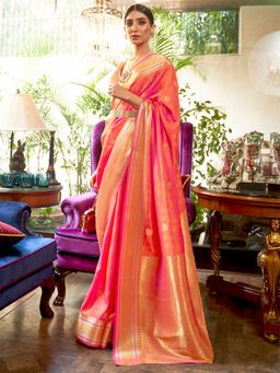 Odette - Women Silk Blend Peach Woven Design Saree with Unstitched Blouse