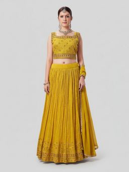 BC Balaji Creation - Women Mustard Embroidered Fitted Lehenga with Choli & Dupatta