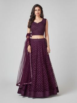 BC Balaji Creation - Women Maroon Stripes Fitted Lehenga with Choli & Dupatta