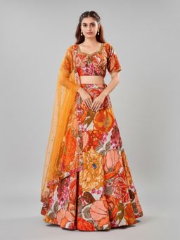 BC Balaji Creation - Women Orange Floral Fitted Lehenga with Choli & Dupatta