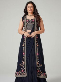 BC Balaji Creation - Women Navy Blue Embroidered Fitted Lehenga with Choli & Dupatta