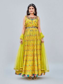BC Balaji Creation - Women Yellow Chinon Printed Evening Gown