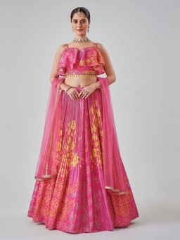 BC Balaji Creation - Women Pink Crepe Embroidered Fitted Lehenga with Choli & Dupatta