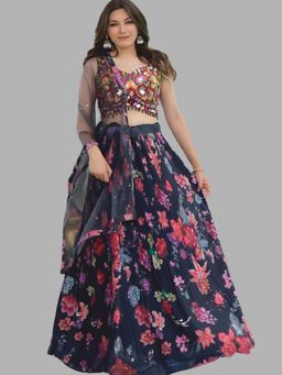 BC Balaji Creation - Women Blue Crepe Embroidered Fitted Lehenga with Choli & Dupatta