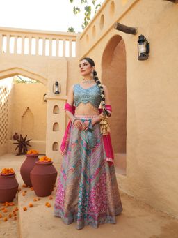 BC Balaji Creation - Women Blue Embroidered Fitted Lehenga with Choli & Dupatta