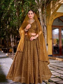 BC Balaji Creation - Women Mustard Net Embroidered Fitted Lehenga with Choli & Dupatta