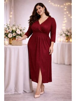 Desi Noor - Women Red Knitted Solid Maxi Dress