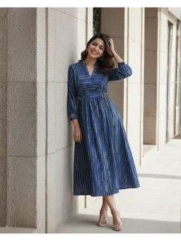 Sivaka India - Women Blue Cotton Geometric Dress