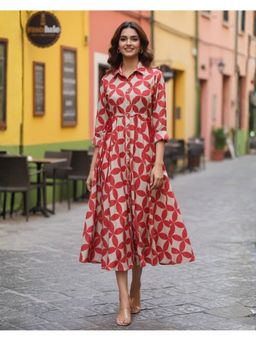 Sivaka India - Women Red Cotton Floral Dress
