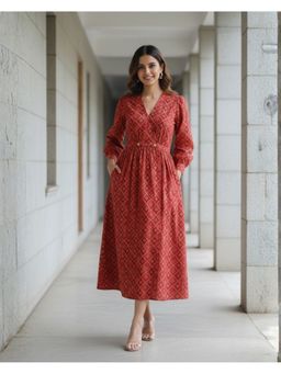 Sivaka India - Women Red Cotton Geometric Dress