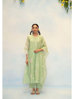 AM by Anita Mittal - Zara Mul Chanderi Green Kurta with Pant and Dupatta