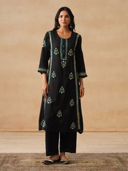 House of Chikankari - Hoc Chanderi Chikankari Solid A-Line Women's Long Black Kurta with Pant