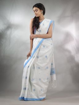 CHARUKRITI - White Cotton Handwoven Saree with Texture Pattern & Unstitched Blouse