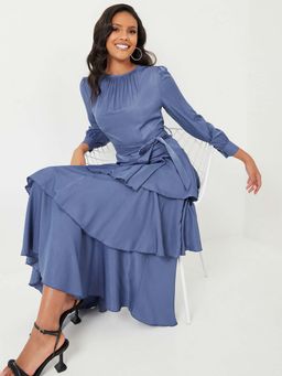 Styli - Blue Long Sleeves Layered Maxi Dress With Self Tie Belt (Set of 2)