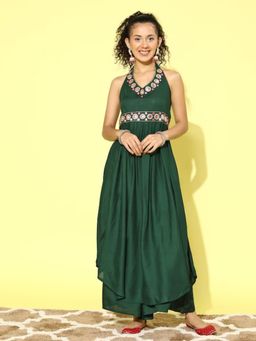 InWeave - Green Halter Neck Mirror Work Belted Kurta with Palazzo (Set of 2)