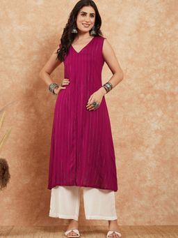 InWeave - Magenta Lurex V-Neck Front Slit Kurta Pant (Set of 2)