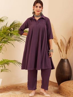 InWeave - Graphite Purple Collared Neck Flared Kurta Pant (Set of 2)