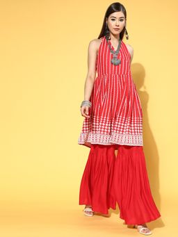 InWeave - Red Embroidered Backless Kurta with Sharara (Set of 2)