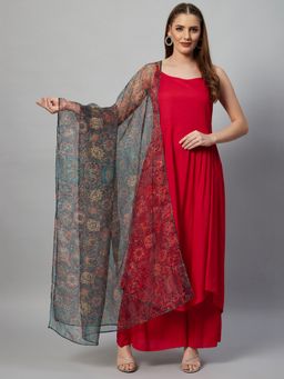 InWeave - Red Strappy with Organza Dupatta (Set of 3)