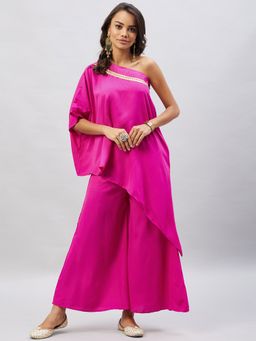 InWeave - Magenta One Shoulder Kurta with Gota Work (Set of 2)