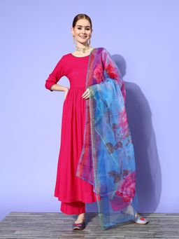InWeave - Fuchsia Long Anarkali Kurta with Pant and Dupatta (Set of 3)