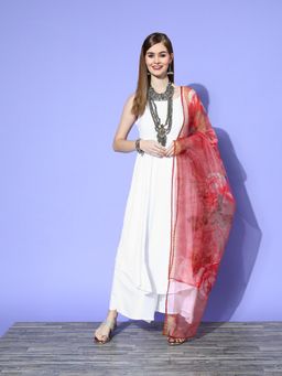 InWeave - Strappy White Floral Kurta with Palazzo and Organza Dupatta (Set of 3)