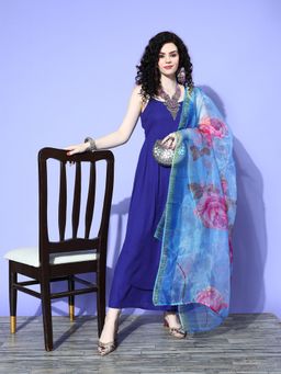 InWeave - Strappy Ink Blue with Floral Organza Dupatta (Set of 3)