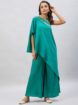InWeave - Green One Shoulder Kurta with Gota Work (Set of 2)