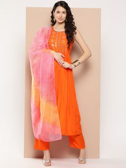 InWeave - Orange Mirror Work Aline Strappy Kurta with Pant and Dupatta (Set of 3)