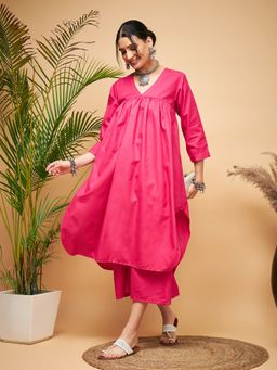 InWeave - Pink Poplin Flared Kurta Palazzo (Set of 2)