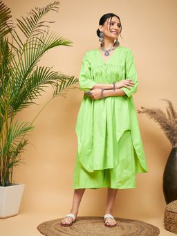 InWeave - Lime Green Poplin Flared Kurta Palazzo (Set of 2)