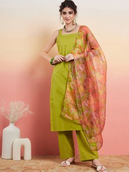 InWeave - Lime Green Lurex Strappy Straight Kurta with Pant and Dupatta (Set of 3)