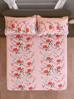 Swayam - Floral Baby Pink 210 TC Double King Fitted Bedsheet with 2 Pillow Cover (King)