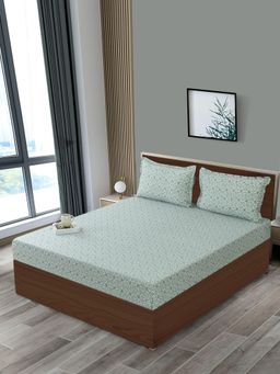 Swayam - Sea Green Motif Printed Cotton Fitted Single Bedsheet with 2 Pillow Cover (King)