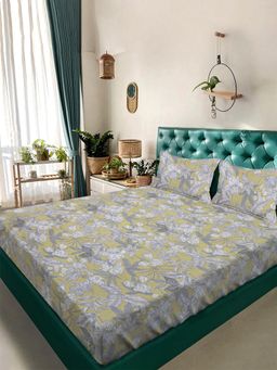 ARRABI - Olive Floral TC Cotton Blend King Bedsheet with 2 Pillow Covers (King)