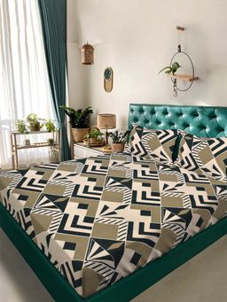 ARRABI - Cream Geometric TC Cotton Blend King Bedsheet with 2 Pillow Covers (King)