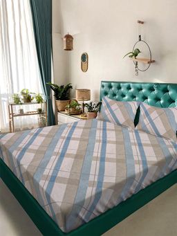 ARRABI - Blue Stripes TC Cotton Blend Super King Bedsheet with 2 Pillow Covers (King)